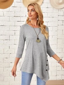 EMERY ROSE Asymmetrical Hem Button Detail Top - Light Grey - View 2