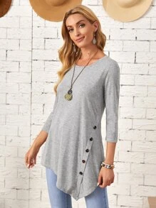 EMERY ROSE Asymmetrical Hem Button Detail Top - Light Grey - View 4