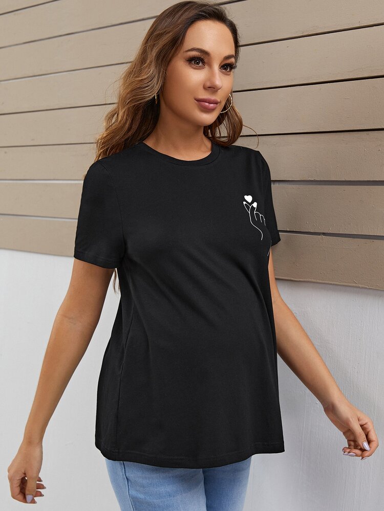 SHEIN Maternity Gesture & Heart Graphic Tee - Black - View 5