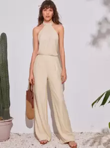 Áo liền quần nữ Lộ Lưng Túi Dây kéo màu trơn Gợi cảm - Màu Khaki - Xem 1