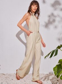 Áo liền quần nữ Lộ Lưng Túi Dây kéo màu trơn Gợi cảm - Màu Khaki - Xem 4