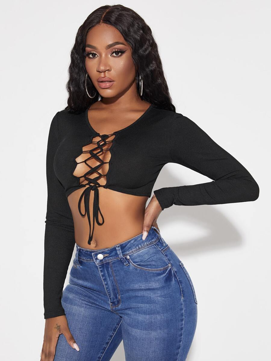 Lace Up Front Long Sleeve Crop Top - Black - View 1