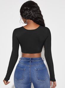 Lace Up Front Long Sleeve Crop Top - Black - View 2