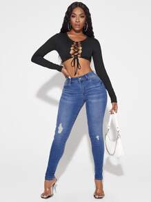 Lace Up Front Long Sleeve Crop Top - Black - View 3