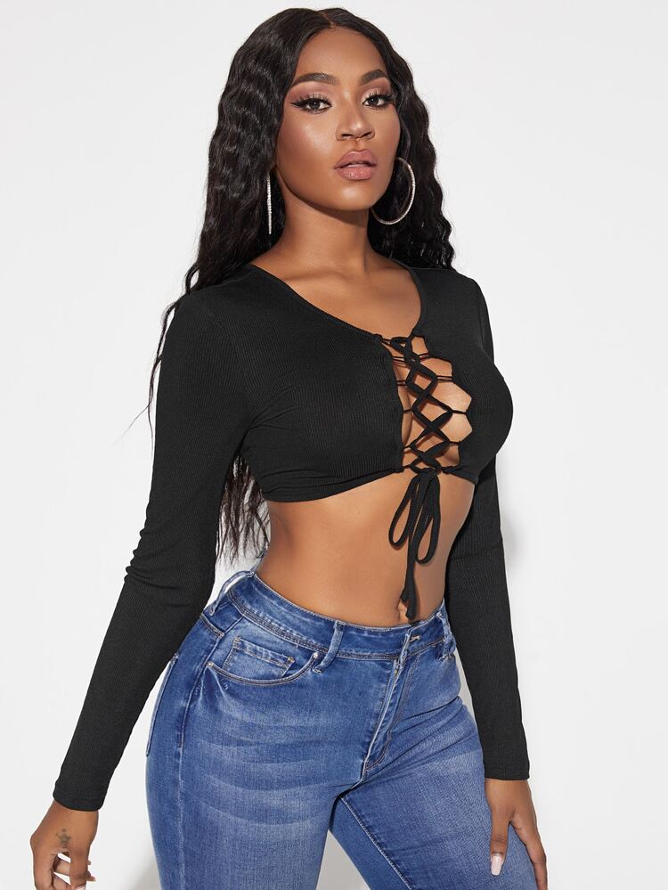 前繫帶長袖短款上衣 - 黑色 - 查看 4