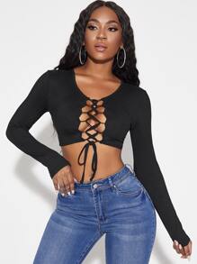 Lace Up Front Long Sleeve Crop Top - Black - View 5