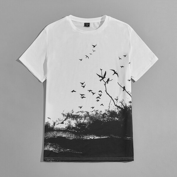 

Men Ink Scenery Print Tee, White