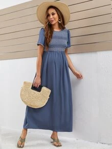 SHEIN Maternity Keyhole Back Wavy Sleeve Edge Dress - Dusty Blue - View 4