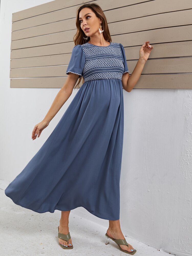 SHEIN Maternity Keyhole Back Wavy Sleeve Edge Dress - Dusty Blue - View 5