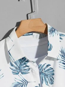 Manfinity VCAY 男士熱帶圖案翻折袖前排扣襯衫 - 黑與白 - 查看 4