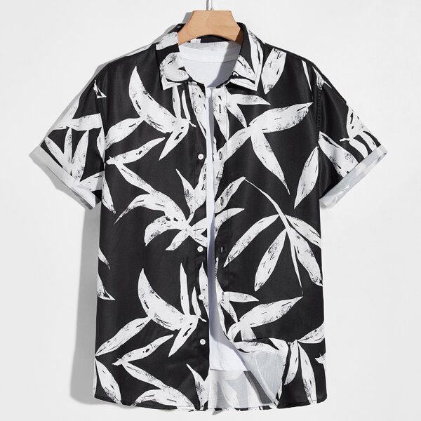 

Men Leaf Print Roll Sleeve Button Through Shirt, Black and white