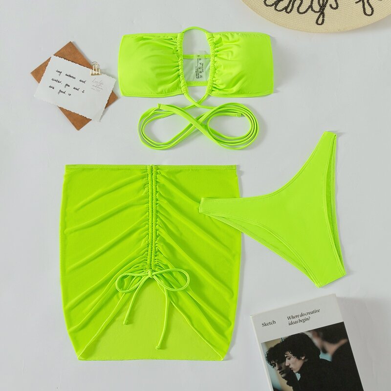 

3pack Neon Lime Bandeau Bikini Swimsuit With Cover Up, Lime green
