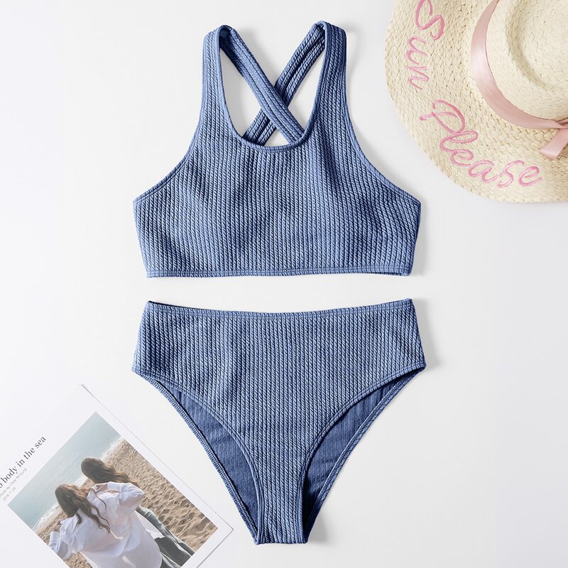 

Textured High Waisted Bikini Swimsuit, Dusty blue