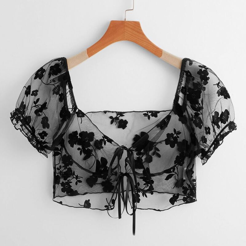 

Floral Lace Tie Front Top, Black