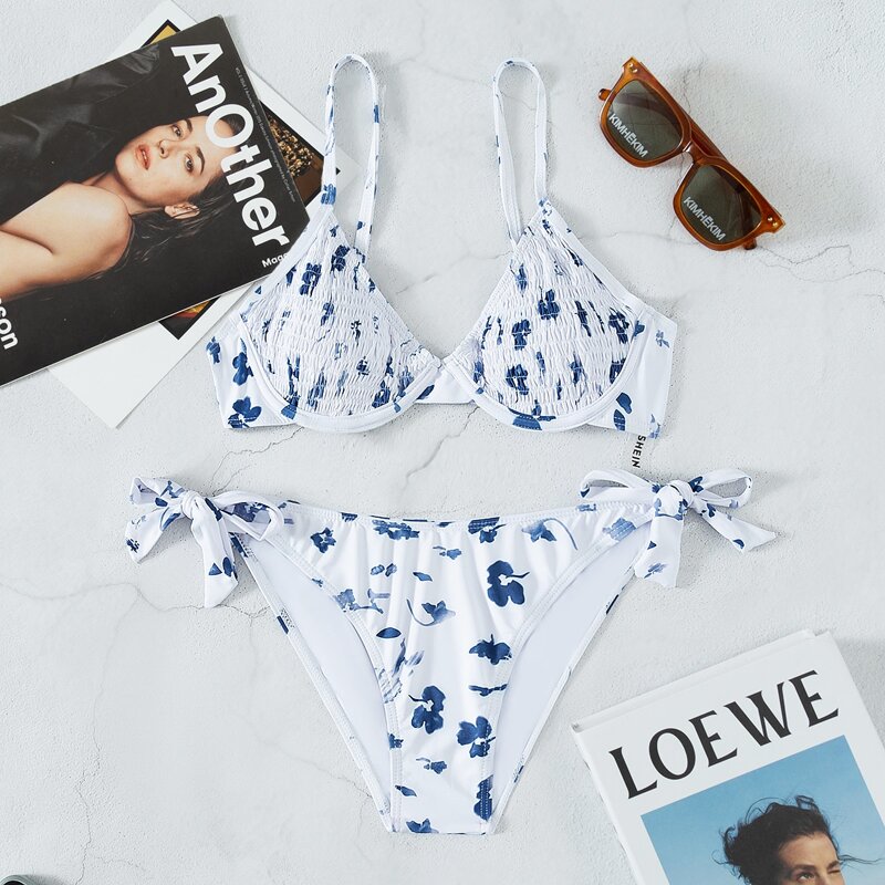 

Floral Smocked Underwire Bikini Swimsuit, White