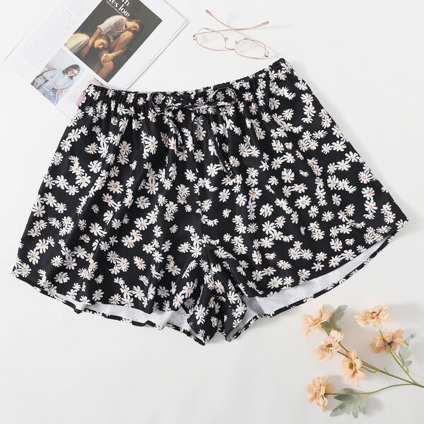 

Plus Daisy Floral Print Knot Front Sleep Shorts, Multicolor