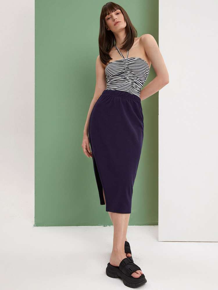 SHEIN WYWH Striped Print Ruched Halter Bodysuit - Blue and White - View 3