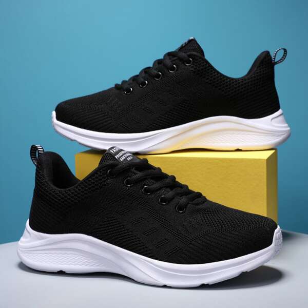 

Letter Graphic Breathable Lace Up Front Sneakers, Black