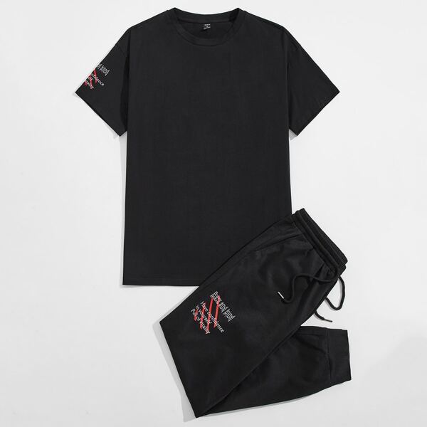 

Men Slogan Graphic Tee & Drawstring Waist Pants, Black