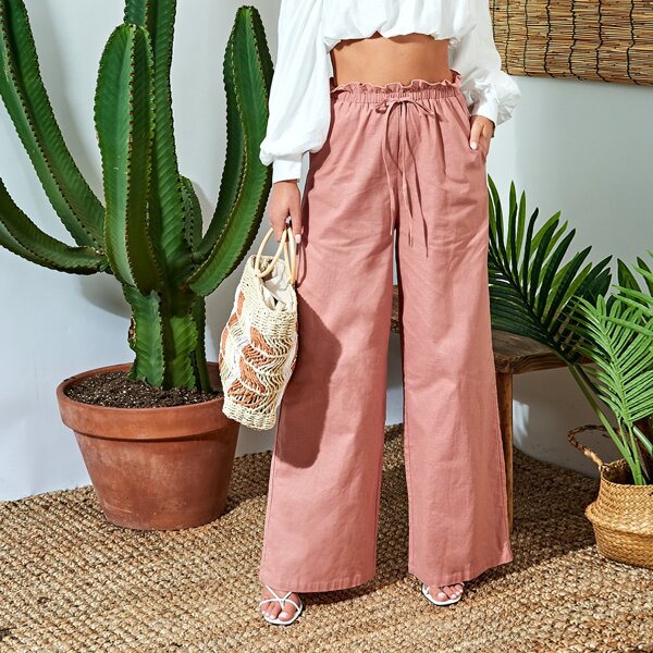 

Paperbag Drawstring Waist Palazzo Pants, Coral pink