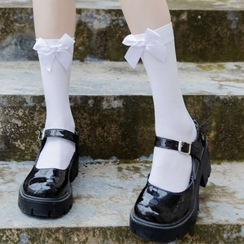 

1pair Bow Decor Crew Socks, White