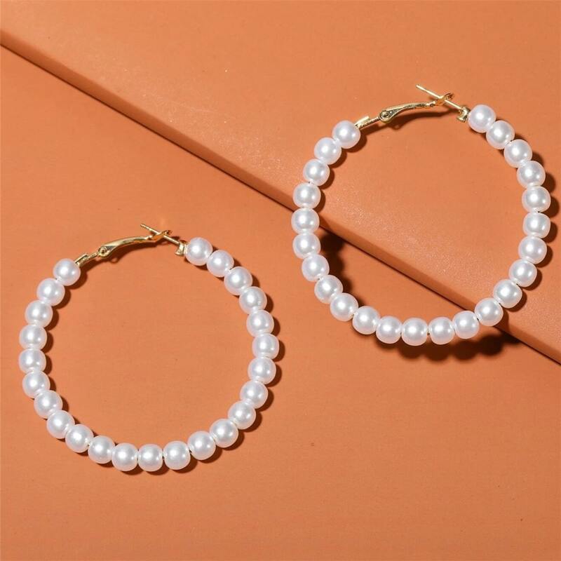 

Faux Pearl Beaded Hoop Earrings, White