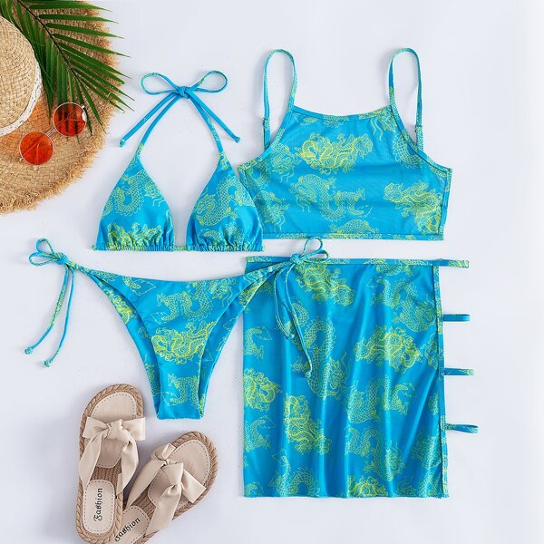 

4pack Chinese Dragon Print Bikini Swimsuit & Cover Up & Beach Skirt, Multicolor