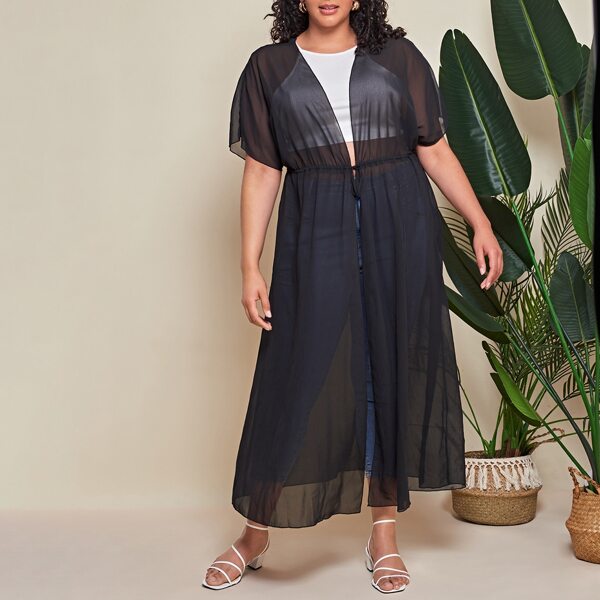 

Plus Sheered Tie Front Chiffon Kimono, Black
