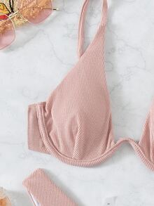 Ribbed Knot Back Push Up Bikini Top - Baby Pink - View 5