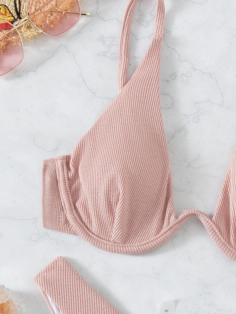 Ribbed Knot Back Push Up Bikini Top - Baby Pink - View 5