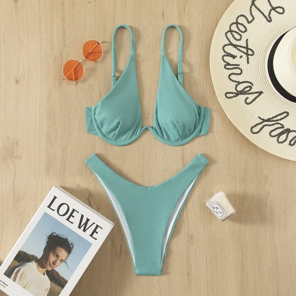 

Rib Underwire High Cut Bikini Swimsuit, Blue