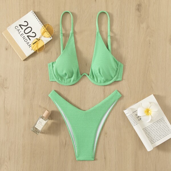 

Rib Underwire High Cut Bikini Swimsuit, Green
