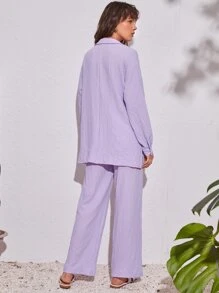 SHEIN Essnce 素色前排扣襯衫和長褲套裝 - 紫丁香色 - 查看 2