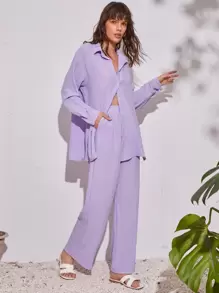 SHEIN Essnce 素色前排扣襯衫和長褲套裝 - 紫丁香色 - 查看 3