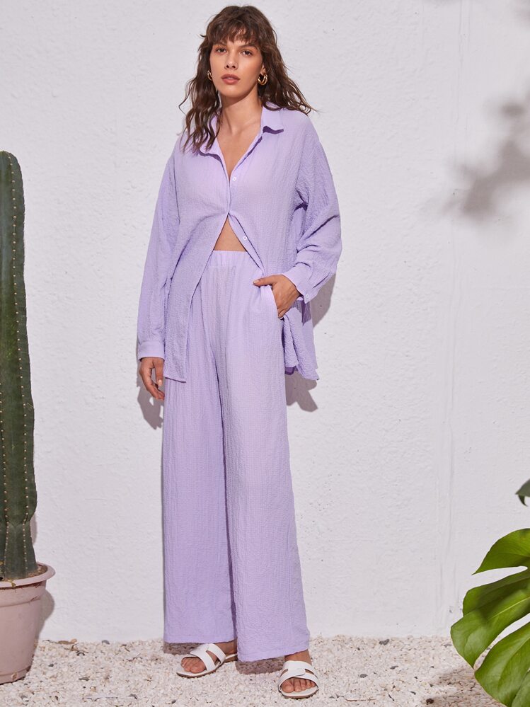 SHEIN Essnce 2pcs/Set Women Print Long Sleeve Shirt And Casual Airport, Vacation Outfit, Autumn Boho - Lilac Purple - View 4