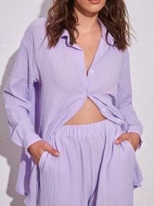 SHEIN Essnce 素色前排扣襯衫和長褲套裝 - 紫丁香色 - 查看 5