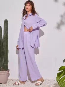 SHEIN Essnce 素色前排扣襯衫和長褲套裝 - 紫丁香色 - 查看 6