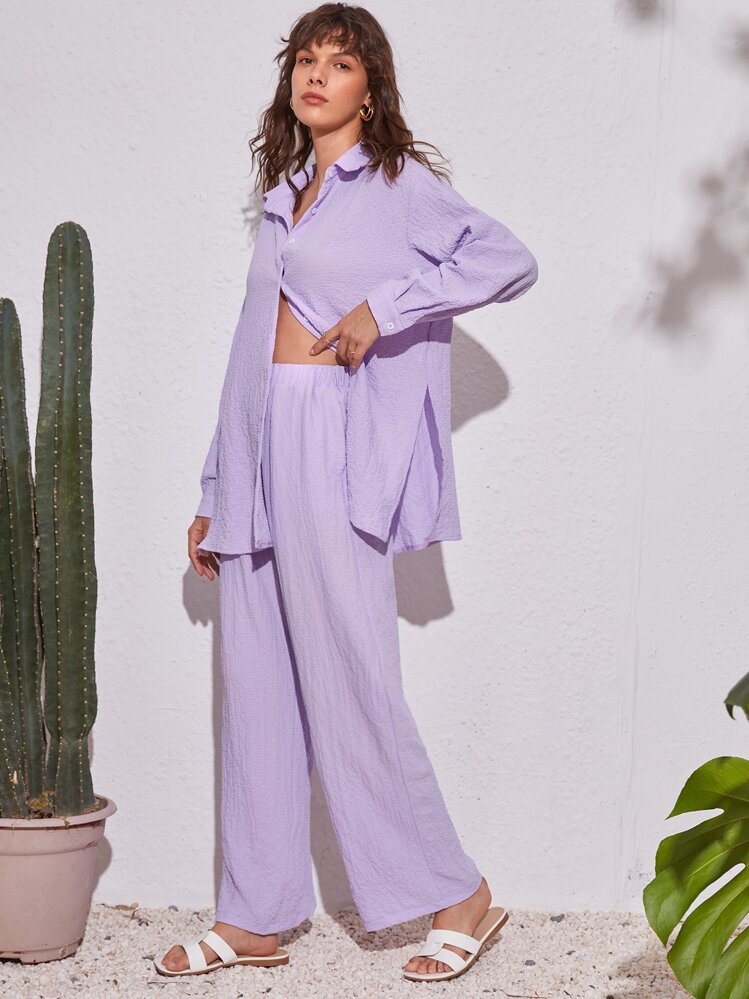 SHEIN Essnce 2pcs/Set Women Print Long Sleeve Shirt And Casual Airport, Vacation Outfit, Autumn Boho - Lilac Purple - View 6