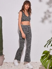 SHEIN Unity Marled Knit Tank Top & Flare Leg Trousers - Grey - View 3
