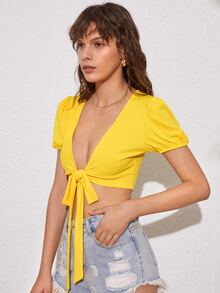 Puff Sleeve Tie Front Crop Top - Yellow - View 3