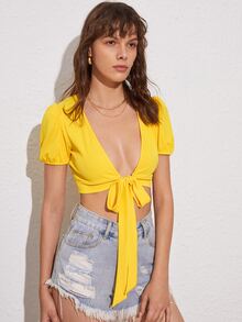 Puff Sleeve Tie Front Crop Top - Yellow - View 4