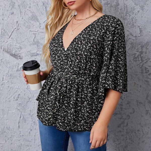 

Plus Ditsy Floral Belted Peplum Blouse, Multicolor