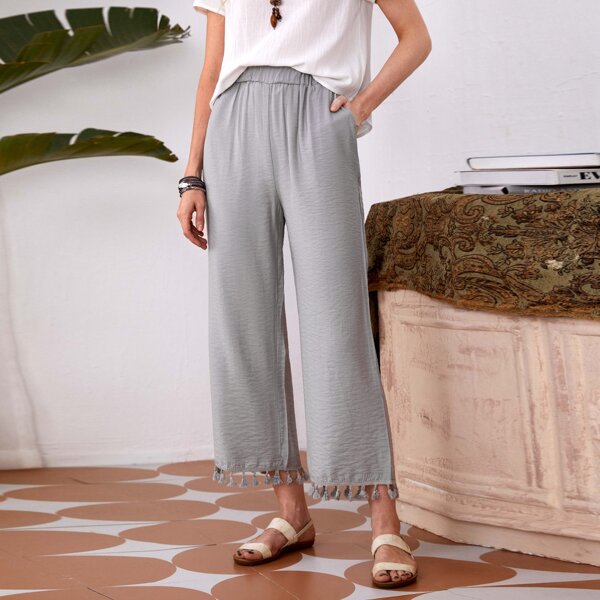 

Fringe Hem Slant Pocket Pants, Light grey