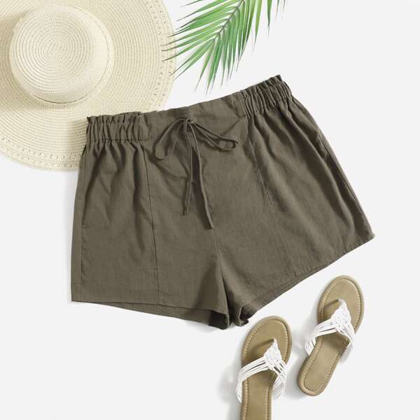 

Plus Solid Tie Front Shorts, Army green