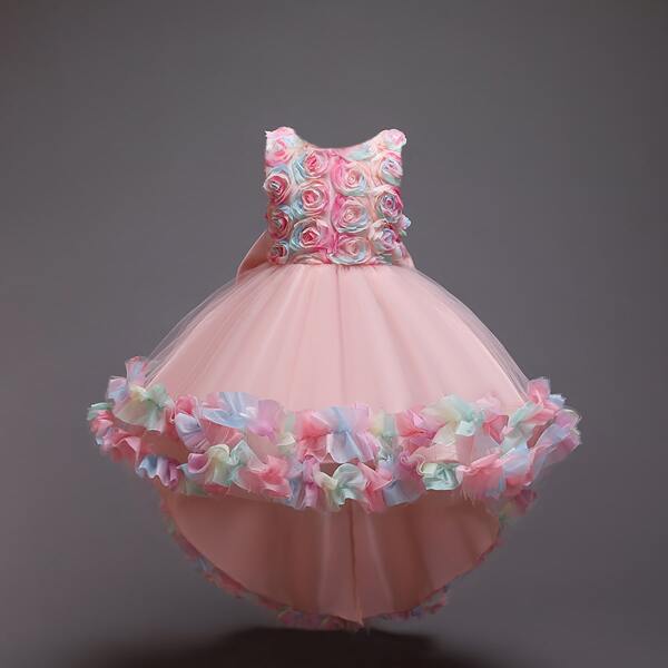 

Girls Appliques Mesh Overlay High Low Hem Party Dress, Baby pink