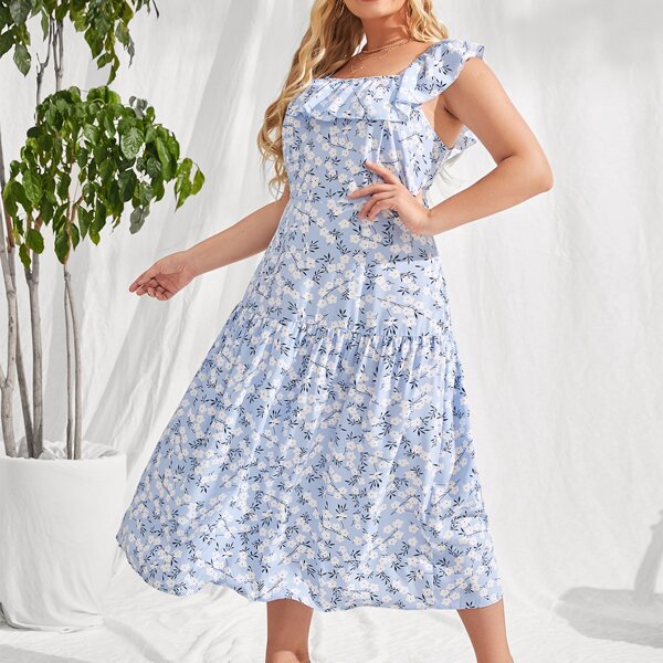 

Plus Allover Floral Print Ruffle Trim Dress, Blue