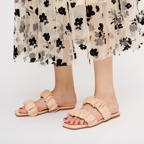 

Minimalist Ruched Double Strap Slide Sandals, Apricot