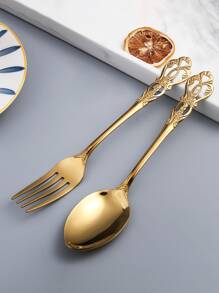 2 piezas grabado Cuchara & Tenedor Conjunto - Dorado - Ver 1