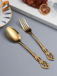 2 piezas grabado Cuchara & Tenedor Conjunto - Dorado - Ver 4