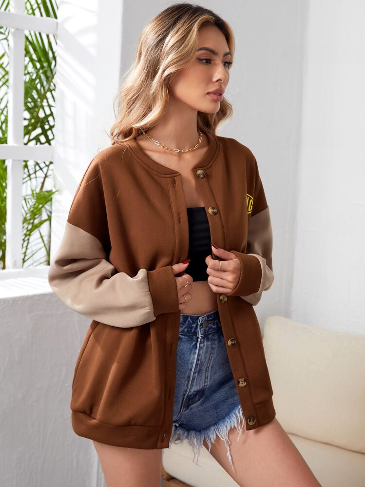 SHEIN Unity Letter Graphic Colourblock Drop Shoulder Button Front Sweatshirt - Coffee Brown - View 5